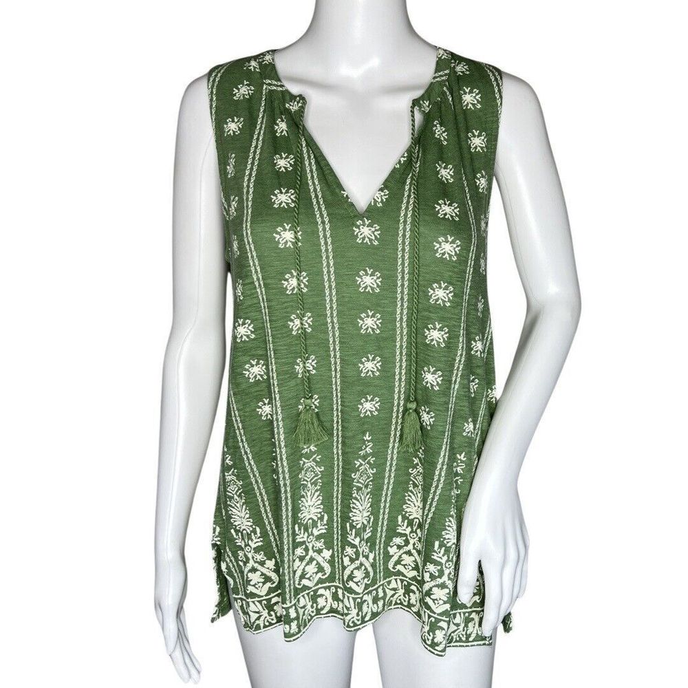 Lucky Brand Shirt‎ Womens Small Green White Floral Embroidered Bohemian Peasant